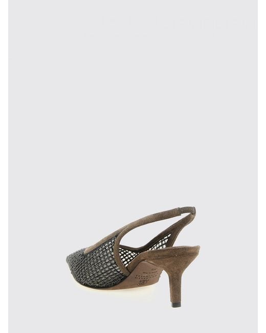 Brunello Cucinelli Brown Suede And Mesh Nylon Slingback Pumps With Monili