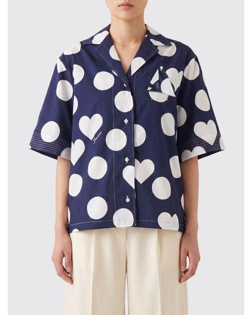 Jacquemus Blue Marin Short-Sleeved Cotton Shirt With Heart Print