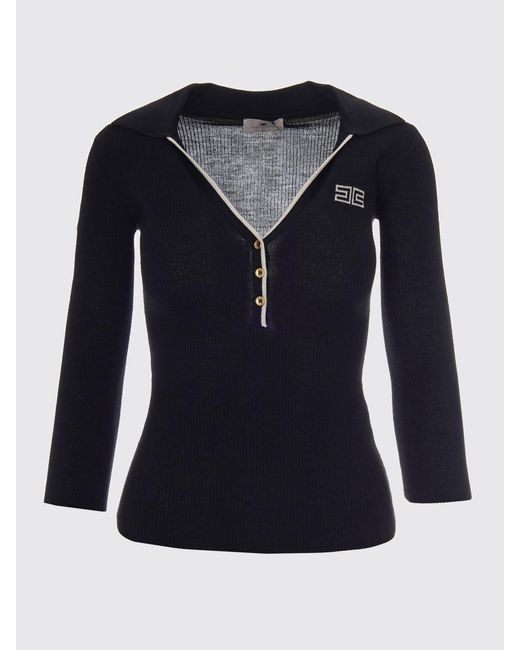 Elisabetta Franchi Black Slim Fit Long-Sleeved Ribbed Knitted Polo Shirt
