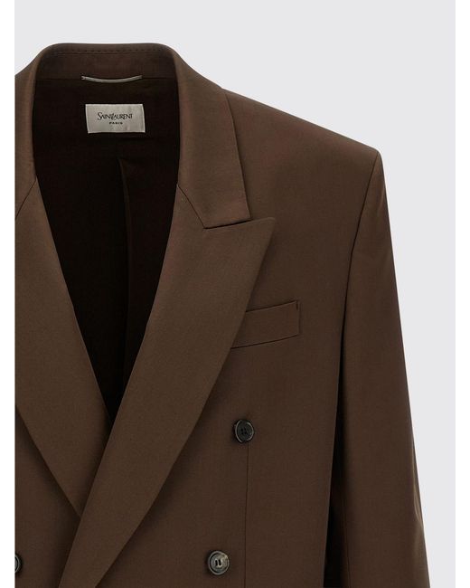 Saint Laurent Brown Double-Breasted Peak Lapel Silk Blazer for men