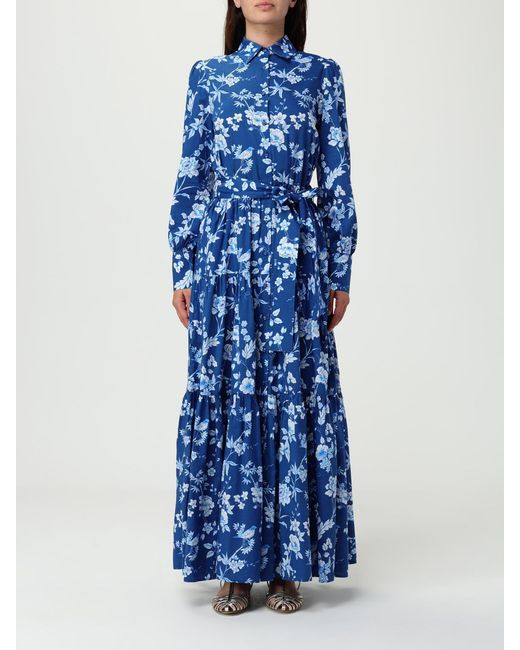 Mc2 Saint Barth Blue Elegant Floral Print Maxi Dress With Long Sleeves And Tiered Skirt