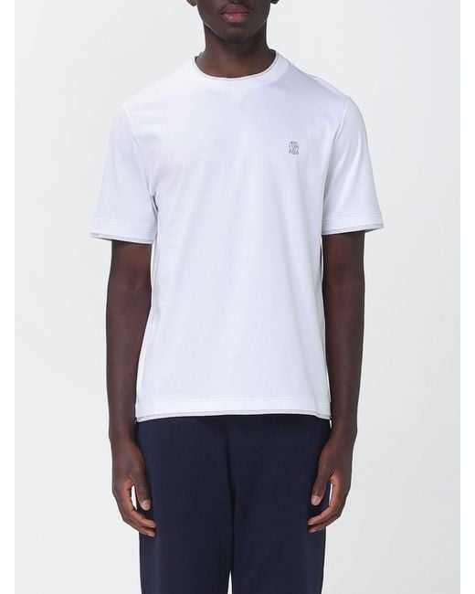 Brunello Cucinelli White Slim Fit Cotton T-Shirt With Contrast Trim for men