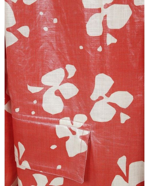 Dries Van Noten Red Abstract Print Waxed Cotton Shirt Jacket With Flap Pockets for men