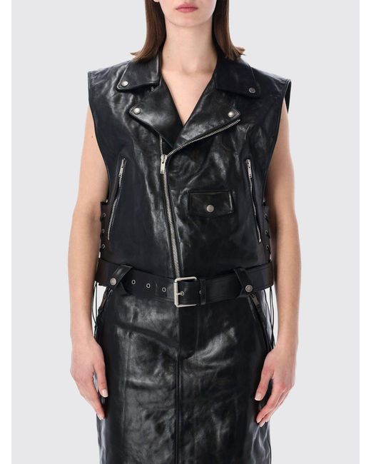 Saint Laurent Black Cowhide Leather Biker Vest With Side Zip And Waist Belt