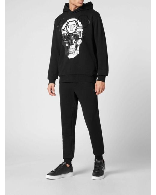 Philipp Plein Black Cotton Hoodie With Skull Print And Rhinestone Logo for men
