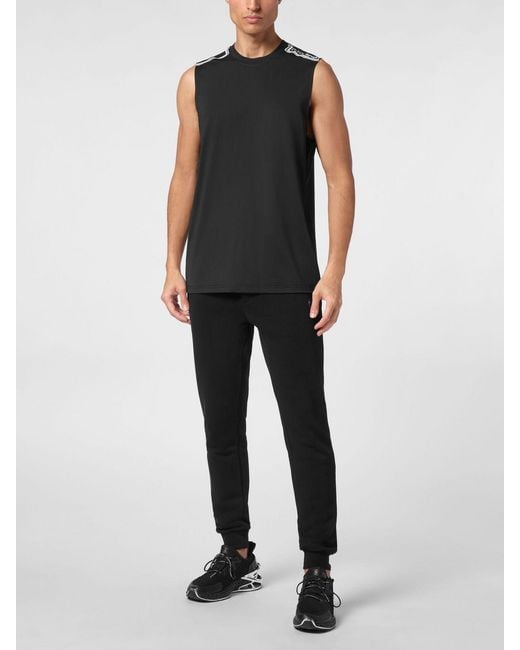 Philipp Plein Black Sleeveless Cotton Tank Top With Contrasting Front Logo Print for men