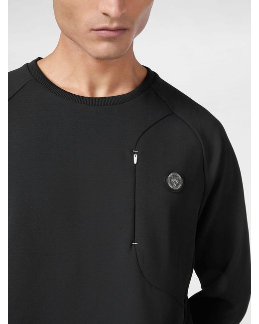 Philipp Plein Black Cotton Crewneck Sweatshirt With Zip Pockets And Logo Print for men