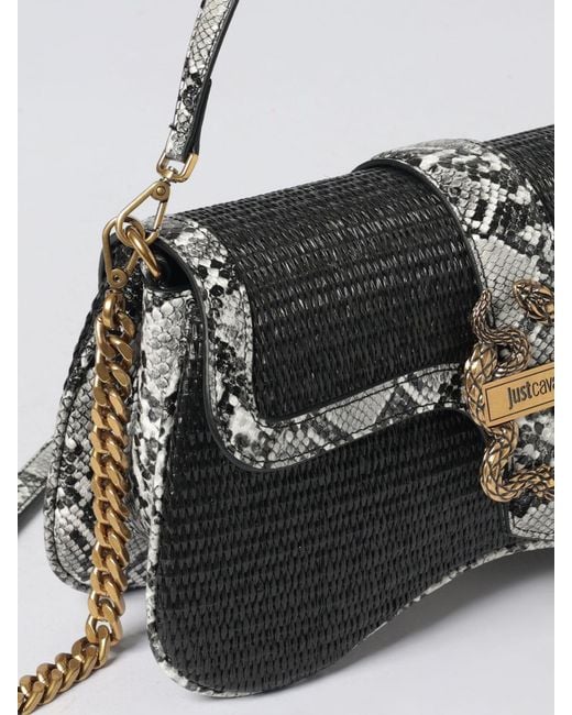 Just Cavalli Black Raffia And Python Print Faux Leather Bag