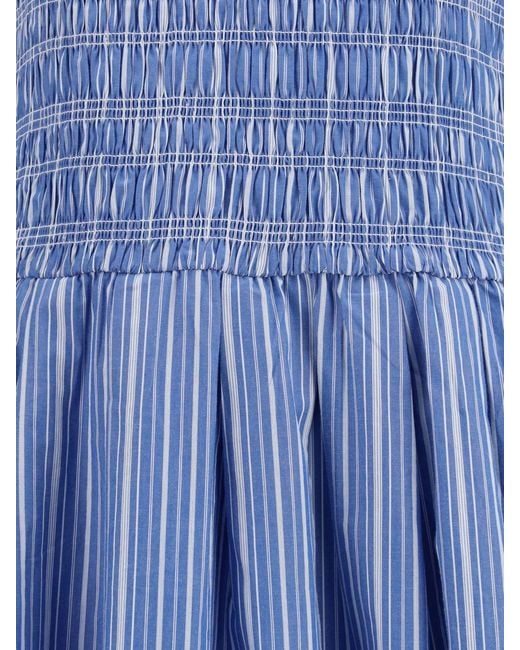 Ganni Blue Striped Cotton Midi Dress With Puff Sleeves