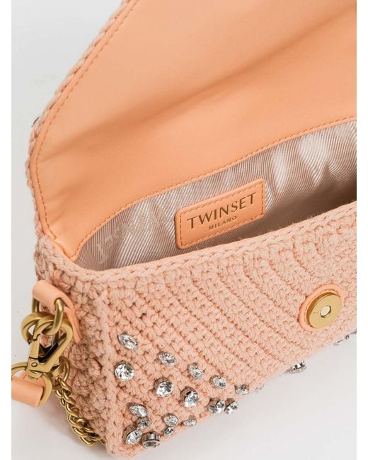 Twinset Natural Crochet Cotton Bag With Rhinestones