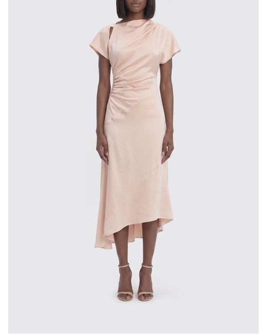 Victoria Beckham Natural Asymmetric Slim Fit Midi Dress With Short Sleeves