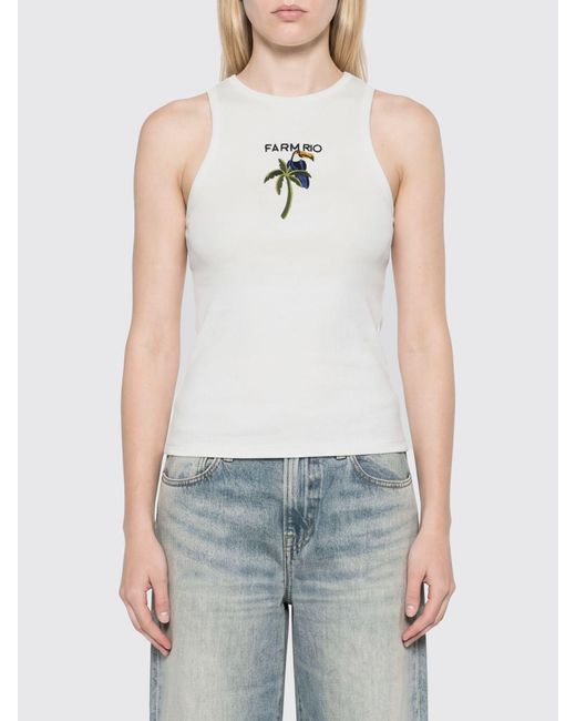 Farm Rio Blue Cotton Top With Logo And Palm