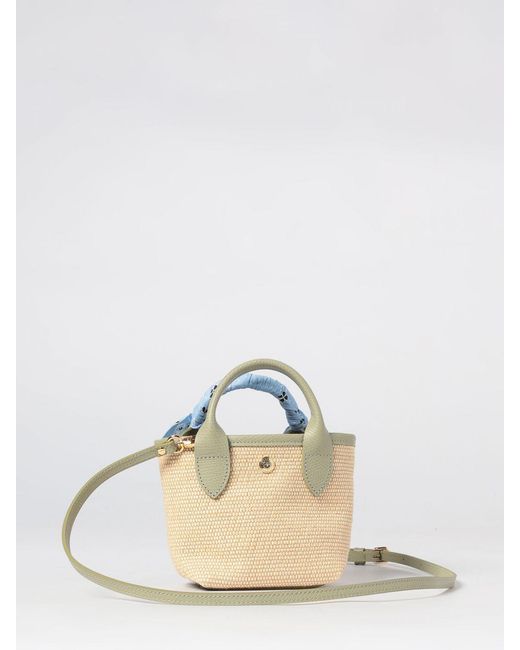 Longchamp Blue Le Pliage Collection Floral Embroidery Raffia Mini Tote