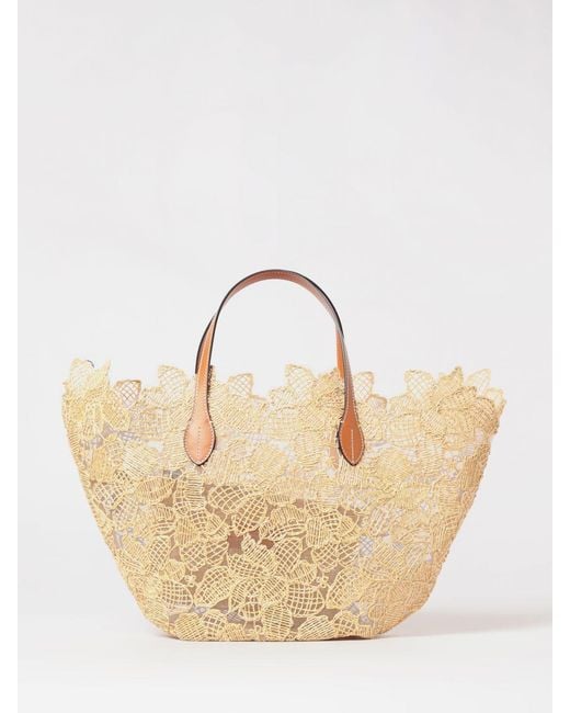 Ermanno Scervino Natural Embroidered Floral Motif Mesh Nylon And Raffia Bag Ermanno Scervino