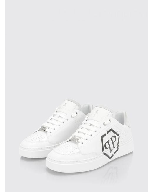 Philipp Plein White Monogram Calf Leather Low-Top Sneakers With Hexagon Logo for men
