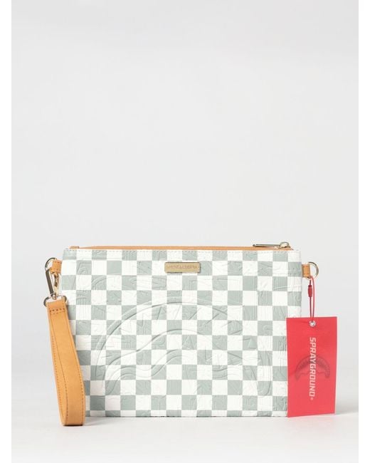Sprayground White The Private Jet Shark Club Saffiano Coated Cotton Pouch With Check Pattern for men