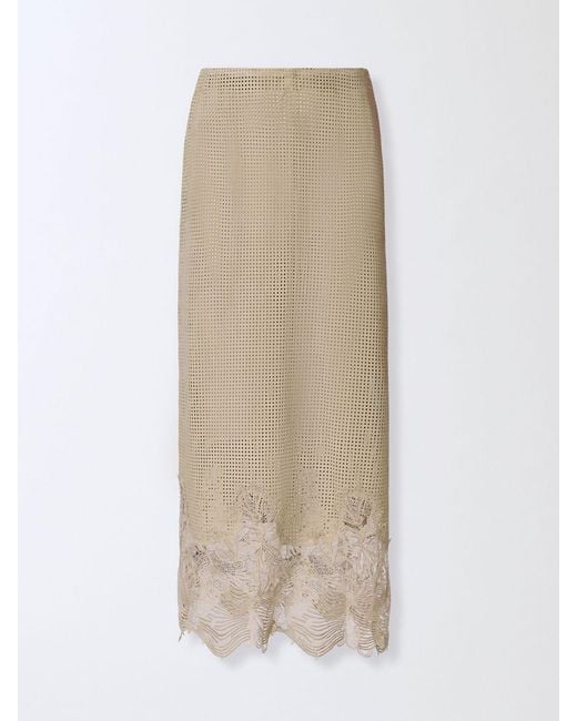 Fabiana Filippi Natural Perforated Suede Midi Skirt With Lace Inserts