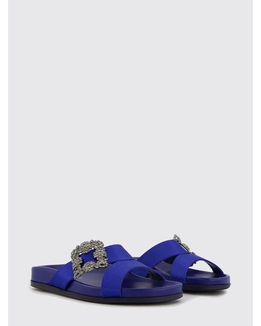 Manolo Blahnik Blue Chilanghi Flat Silk Slides With Jewelled Buckle Detail