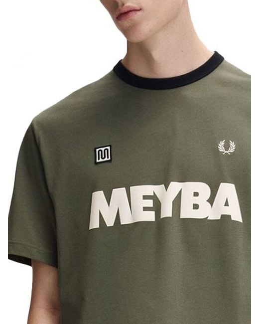 Fred Perry Green Printed Cotton Crew Neck T-Shirt With Contrast Trims And Logo for men