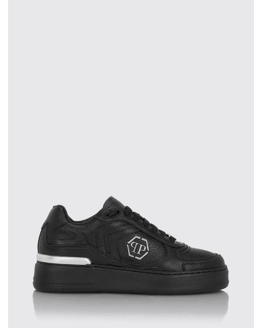 Philipp Plein Black Pit-$Top Monogram Leather Low-Top Trainers With Hexagon Logo for men