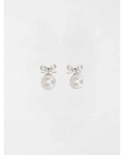 Self-Portrait White Crystal Bow And Pearl Dangling Brass Earrings
