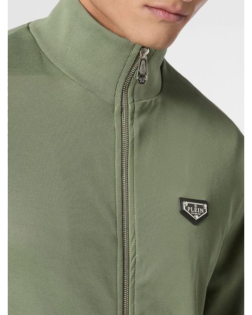 Philipp Plein Green Cotton-Blend High Neck Zip Sweatshirt With Applied Logo for men