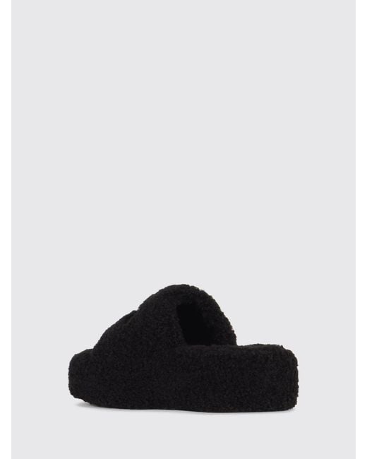 Balenciaga Black Shearling Wedge Slide Sandals With Embroidered Logo