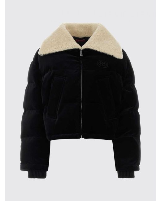 Gucci Black Velvet Padded Down Jacket With Shearling Collar