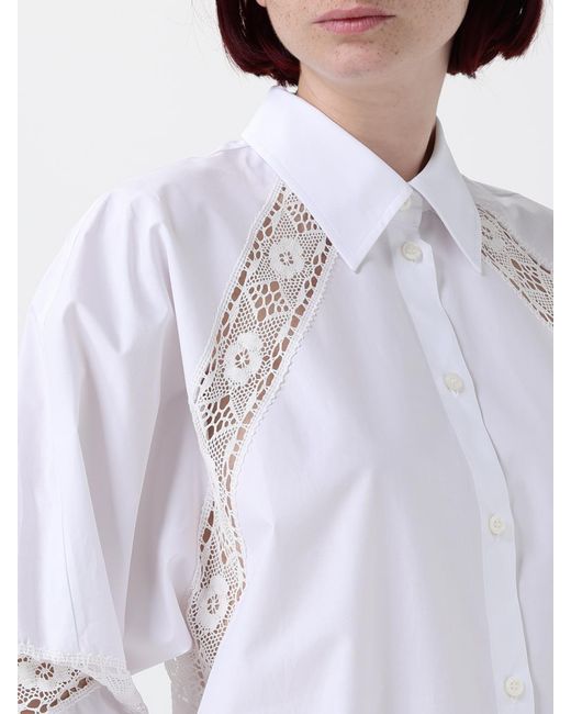 MSGM White Cotton Mini Shirt Dress With Lace Inserts And Asymmetrical Hem