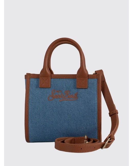Mc2 Saint Barth Blue Embroidered Logo Cotton Twill Vanity Bag