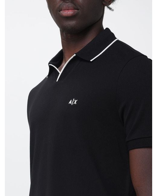 ARMANI EXCHANGE Black Pique Cotton Polo With Logo And Contrasting Details for men