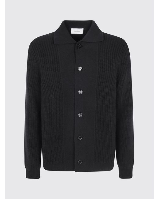 Lardini Black Wool And Cashmere Cardigan With Classic Collar And Ribbed Knit for men