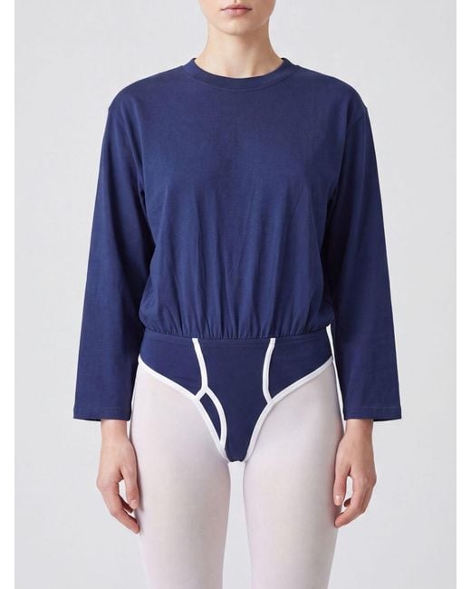 Jean Paul Gaultier Blue Long-Sleeved Cotton Bodysuit With Dropped Shoulders