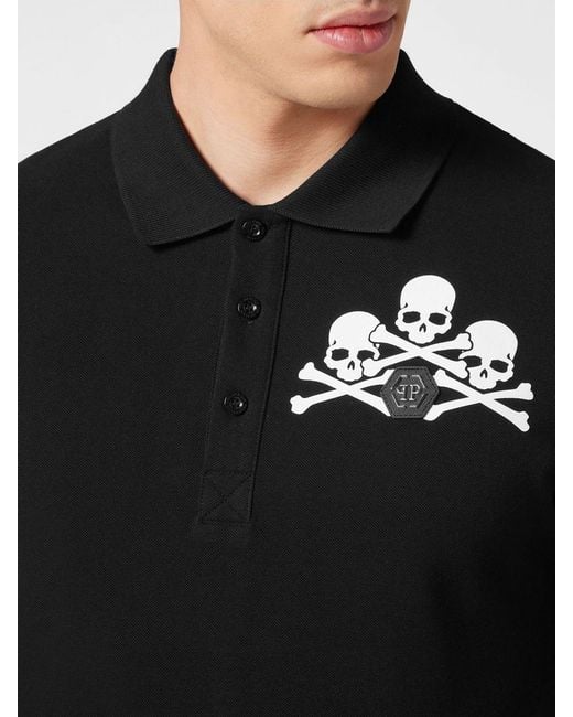 Philipp Plein Black Slim Fit Cotton Polo Shirt With Skull Print And Hexagon Logo for men