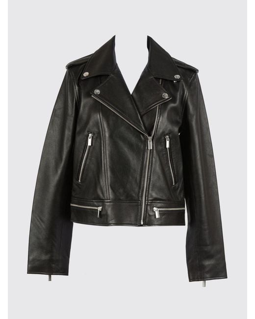 Twinset Black Leather Biker Jacket With Asymmetrical Zip And Shoulder Epaulettes