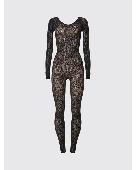 Wolford Black Slim Fit Lace Jumpsuit With Long Sleeves And Round Neck