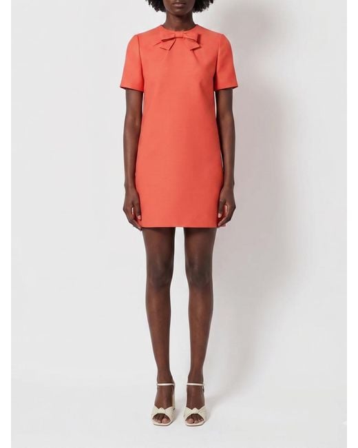 Valentino Red Wool And Silk Sheath Mini Dress With Bow Detail And V-Neck