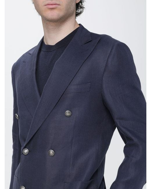Corneliani Blue Double-Breasted Linen Blazer for men
