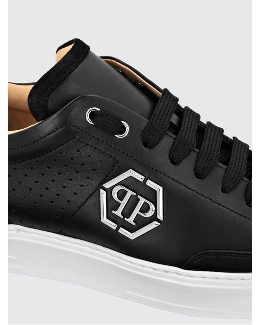 Philipp Plein Black Leather Low-Top Sneakers With Monogram Pattern And Applied Hexagon Logo for men