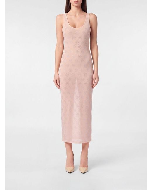 Philipp Plein Pink Rhinestone Jersey Midi Dress