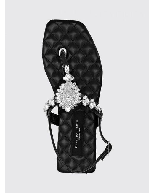 Philipp Plein Black Leather Thong Sandals With Low Heel And Ankle Strap