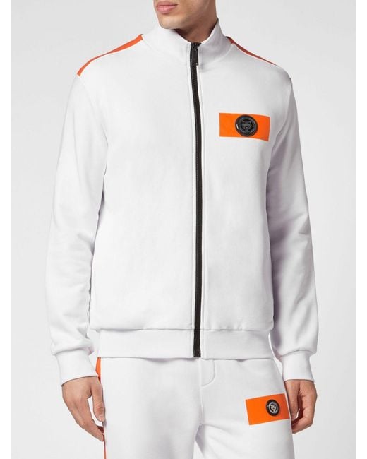 Philipp Plein White High Neck Cotton Zip-Up Sweatshirt With Hexagon Logo for men