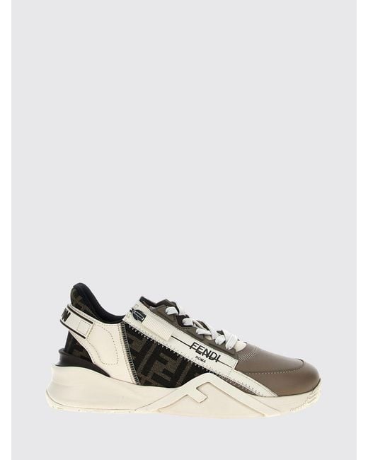 Fendi White Flow Leather And Canvas Sneakers With Jacquard Ff Monogram