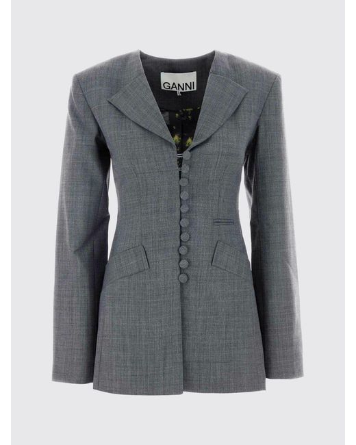 Ganni Gray Single-Breasted Wool Blend Blazer