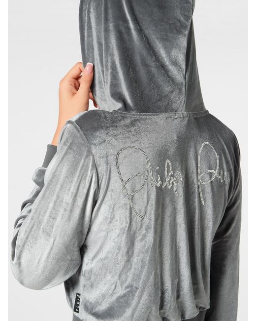 Philipp Plein Gray Cropped Velvet Zip-Up Hoodie With Rhinestone Logo Detail