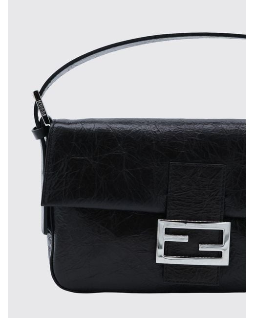Fendi Black Baguette Crinkled Leather Shoulder Bag With Ff Logo