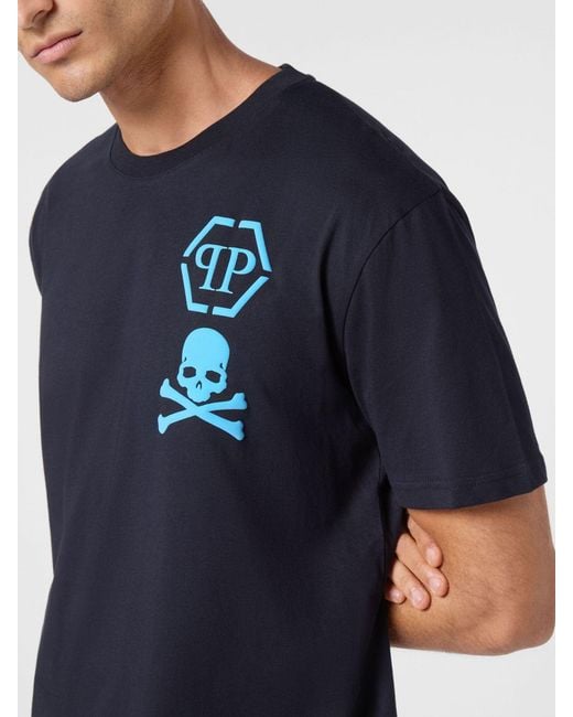 Philipp Plein Blue Cotton T-Shirt With Skull And Logo Print for men