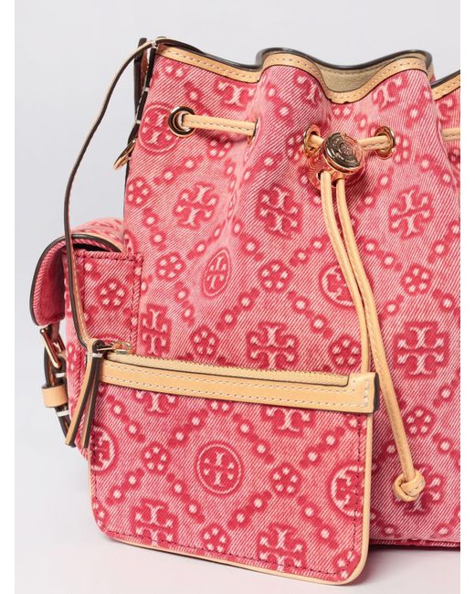 Tory Burch Pink T Monogram Jacquard Denim Mini Bucket Bag
