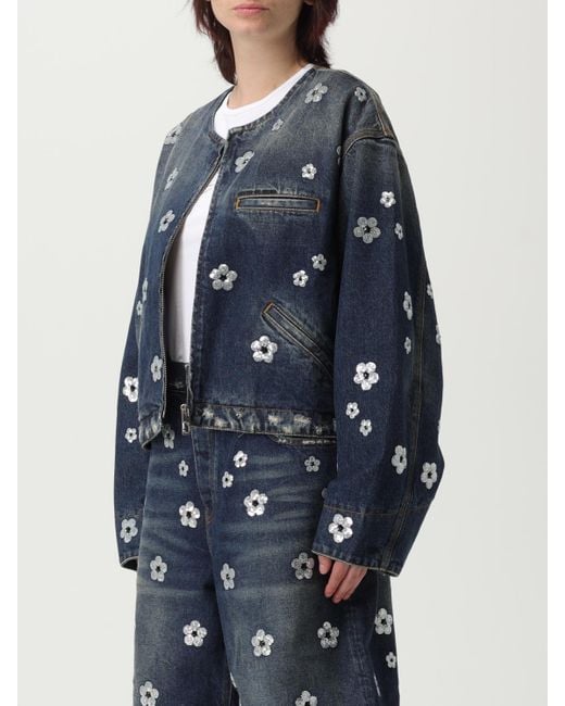 Marc Jacobs Blue Floral Embellished Denim Jacket With Front Zip Closure