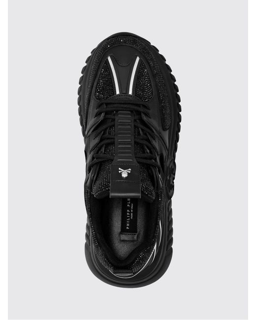 Philipp Plein Black Leather Low-Top Sneakers With Rhinestones And Hexagon Logo for men